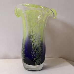 Lovely Green and Purple Mottled Glass Art Tulip Vase, Measures 7.5" Tall